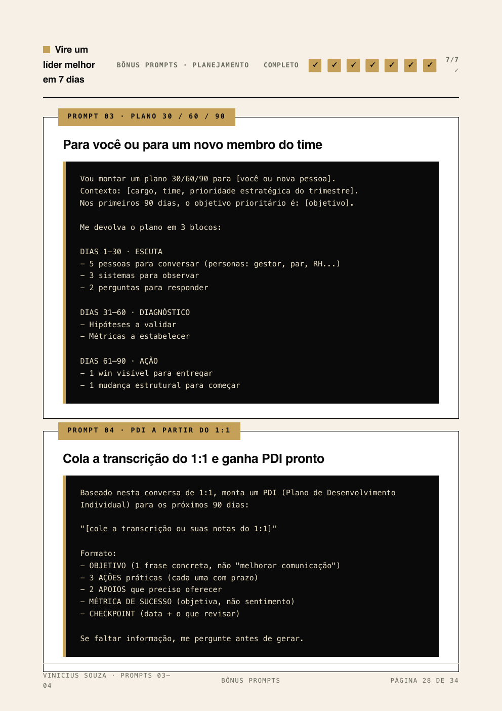Página de prompts prontos com blocos de código em preto e dourado